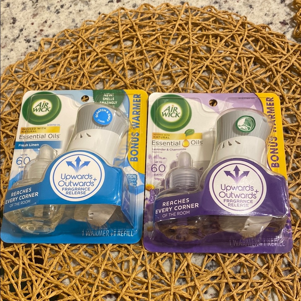 2 New Air Wick Oils Warmer & Refill Sets- Fresh Linen & Lavender & Chamomile